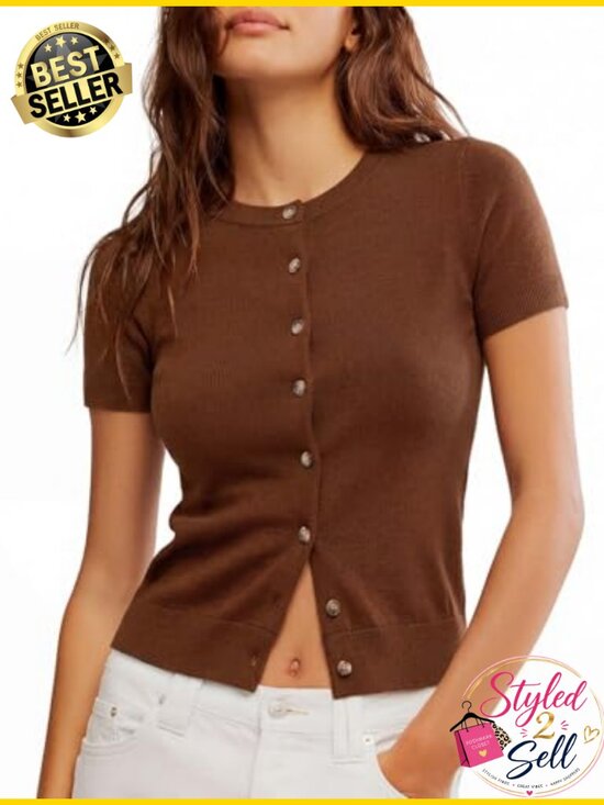 Sweaters - Cashmere Blend Cardigan Short Sleeve Button Up Cropped Knit Summer Sweater